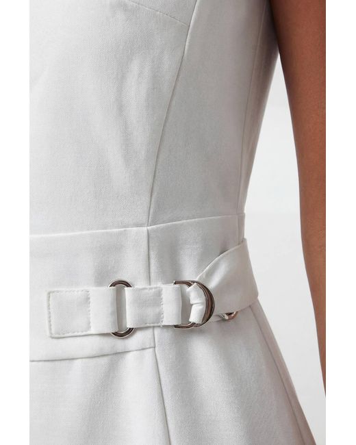 Karen Millen White Petite Premium Cotton Tailored Fabric Belted Buckle Midi Dress