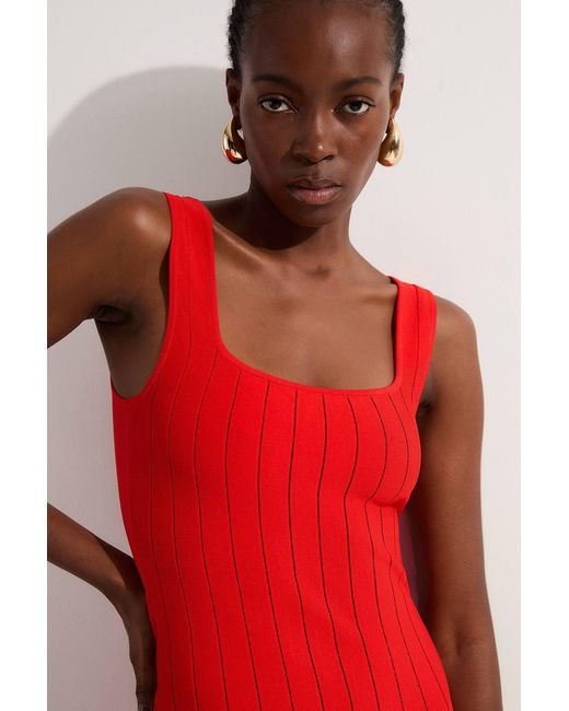 Karen Millen Red Compact Stretch Square Neck Knitted Flippy Dress