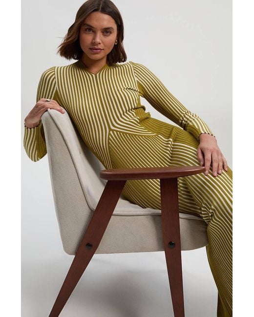 Karen Millen Green Stripe Fitted Long Sleeve Knitted Midi Dress