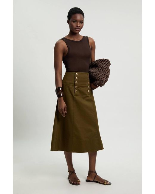 Karen Millen Green Cotton Tailored Button Detail Midi Skirt