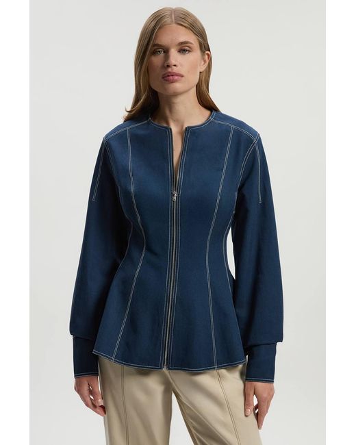 Karen Millen Blue Tencel Cotton Contrast Stitch Zip Front Woven Jacket