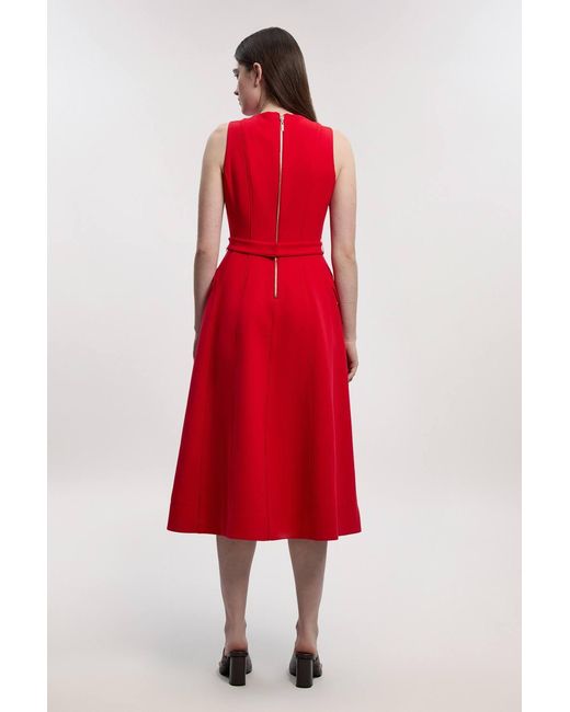 Karen Millen Red Petite Compact Stretch Belted Seamed Full Skirted Midi Dress