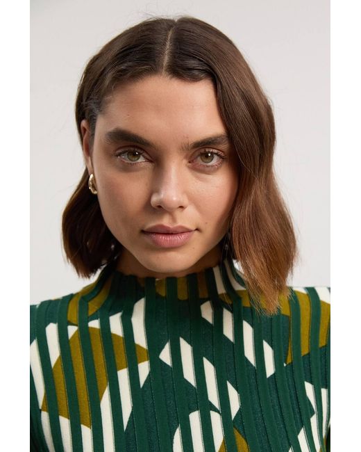 Karen Millen Green Geo Jacquard Knit Long Sleeve Top