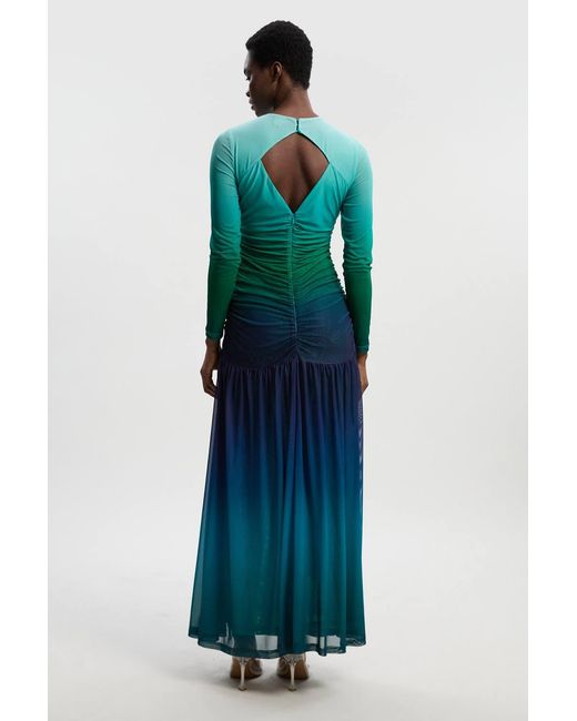 Karen Millen Blue Long Sleeve Ombre Mesh Maxi Dress