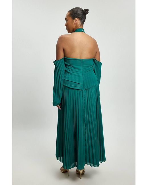 Karen Millen Green Plus Size Crinkle Cold Shoulder Georgette Woven Maxi Dress