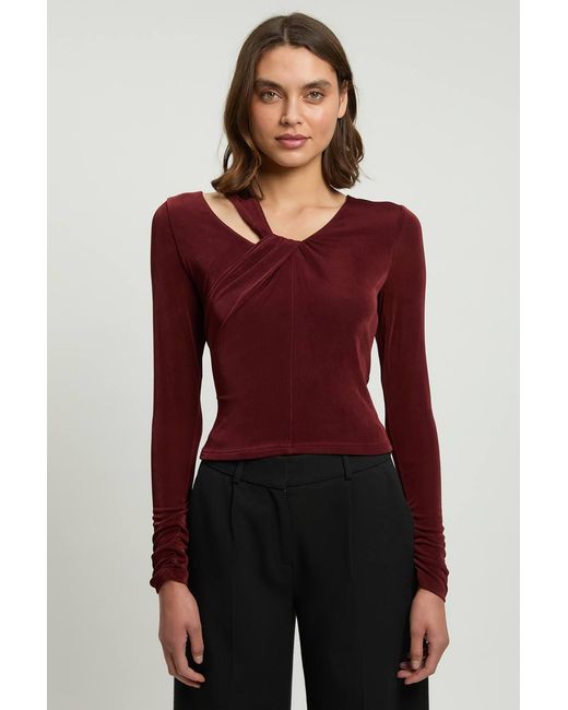 Karen Millen Red Slinky Crepe Twist Detail Long Sleeve Top