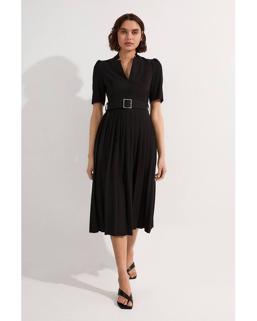 Karen Millen Black Petite Tailored Structured Crepe Forever Pleat Belted Midi Dress