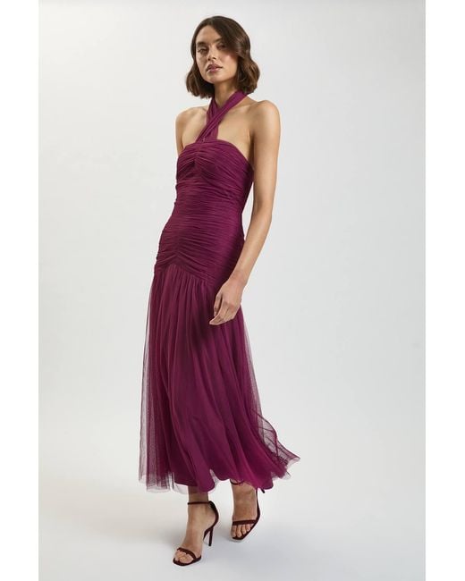 Karen Millen Purple Halterneck Tulle Maxi Dress