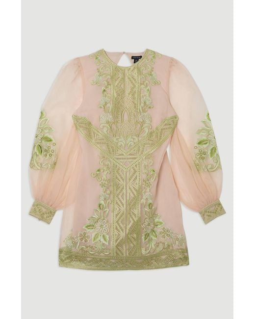 Karen Millen Natural Embroidered Organdie Balloon Woven Mini Dress