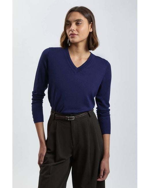 Karen Millen Blue Forever Viscose Blend Knitted Stitch Detail V Neck Long Sleeve Jumper