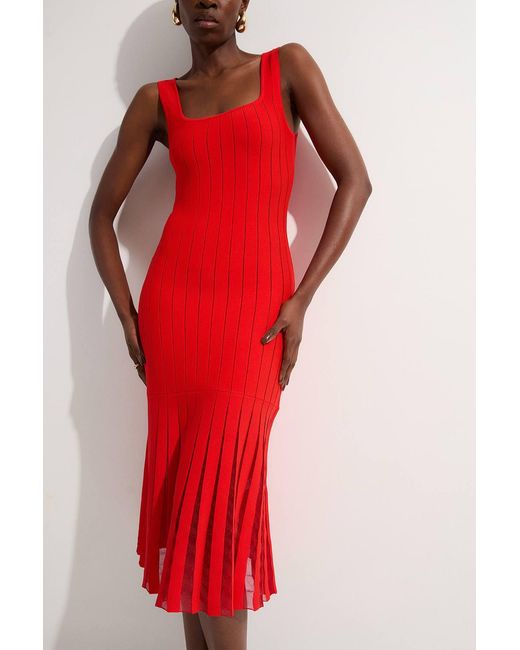Karen Millen Red Compact Stretch Square Neck Knitted Flippy Dress