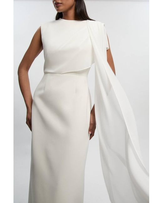Karen Millen White Polished Tailored Cape Drape Maxi Column Dress