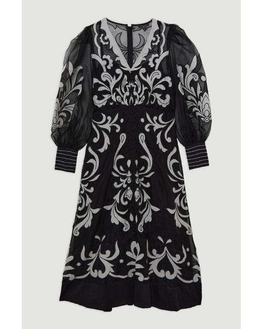 Karen Millen Gray Petite Applique Organdie Buttoned Woven Midi Dress