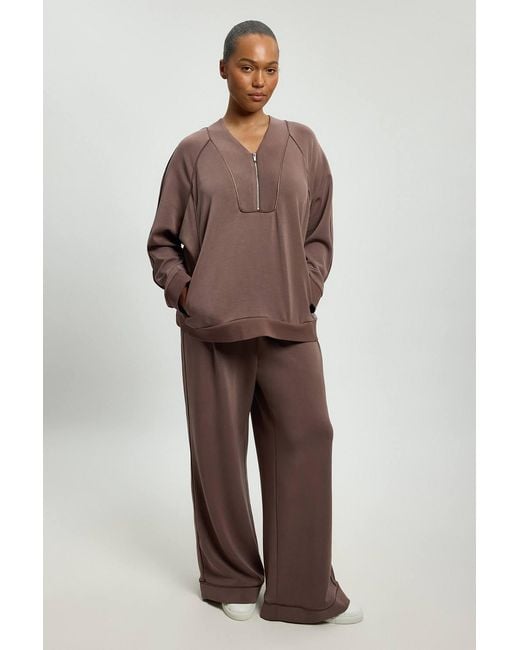 Karen Millen Brown Plus Size Premium Luxe Zip Up V Neck Sweatshirt