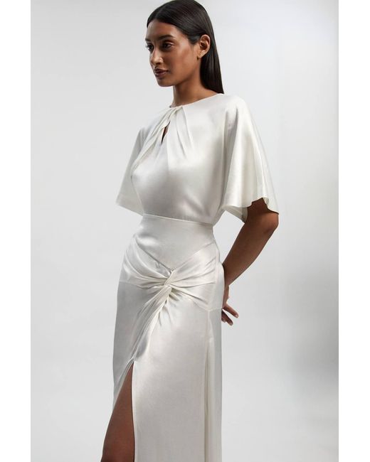 Karen Millen White Satin Back Crepe Twist Detail Woven Midaxi Dress