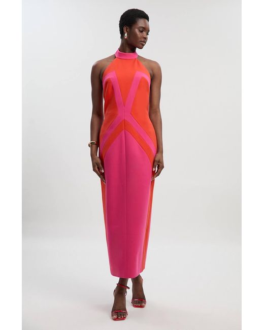 Karen Millen Compact Stretch Colour Block Tailored Halter Neck Midi Dress
