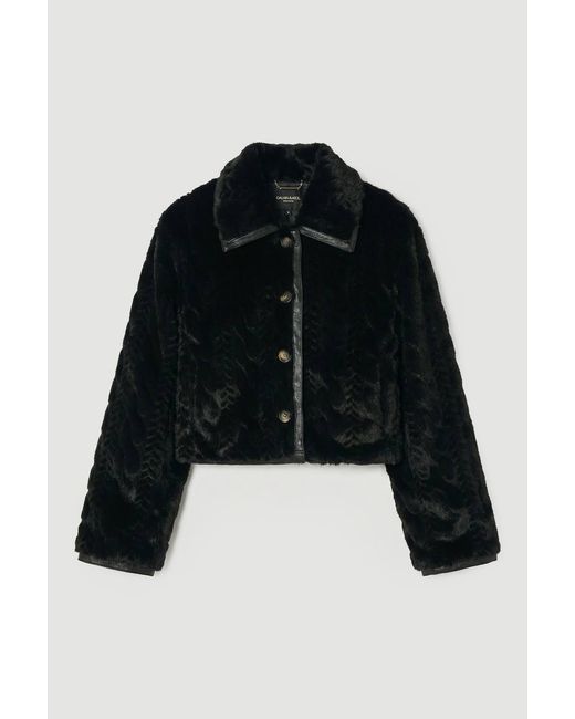 Karen Millen Black Textured Faux Fur Tailored Coat