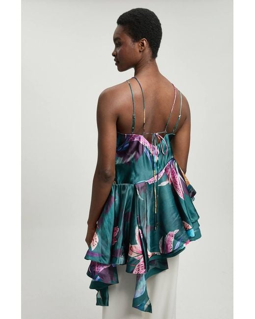 Karen Millen Blue Printed Metallic Floral Woven Top