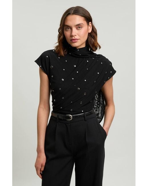 Karen Millen Black Cowl Neck Stud Detail Jersey Top