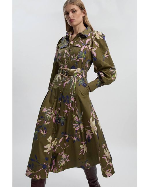 Karen Millen Green Floral Print Cotton Sateen Woven Midi Shirt Dress
