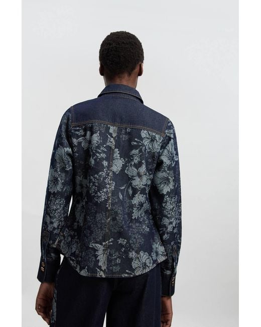 Karen Millen Blue Jacquard Denim Contrast Collar And Cuff Shirt