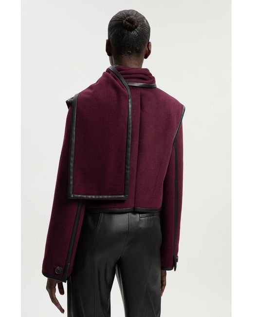 Karen Millen Purple Brushed Wool Pu Mix Detachable Scarf Tailored Crop Coat
