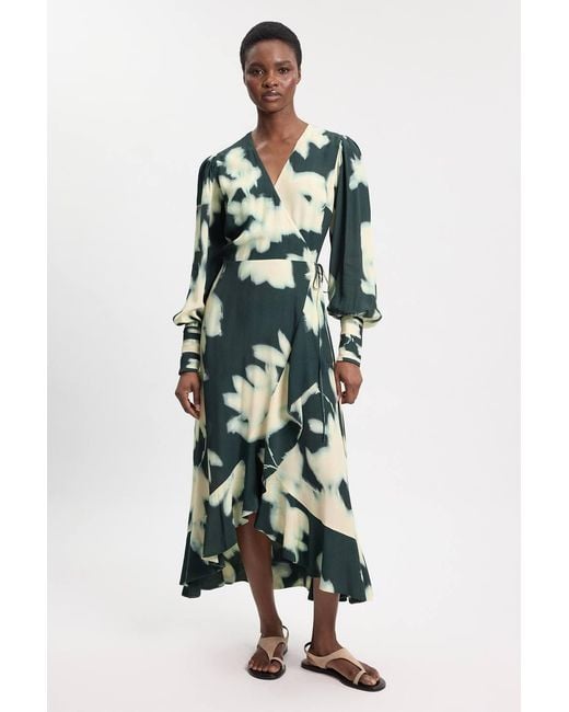 Karen Millen Green Viscose Crepe Long Sleeve Midi Dress