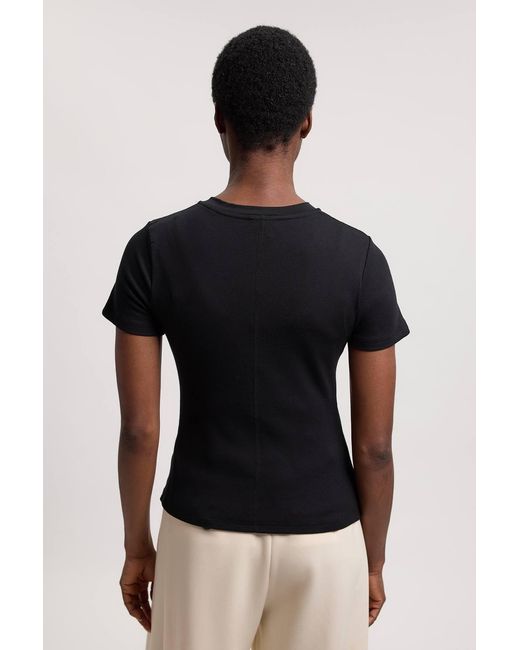 Karen Millen Black Viscose Rib Button Up Crew Neck T-Shirt