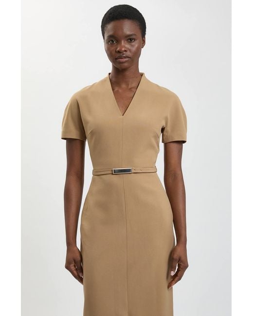 Karen Millen Natural Petite Compact Stretch Tailored Belted Midi Pencil Dress