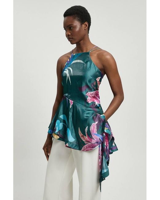Karen Millen Blue Printed Metallic Floral Woven Top
