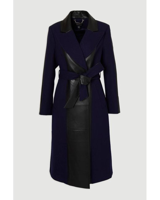 Karen Millen Blue Wool Pu Mix Belted Midi Coat