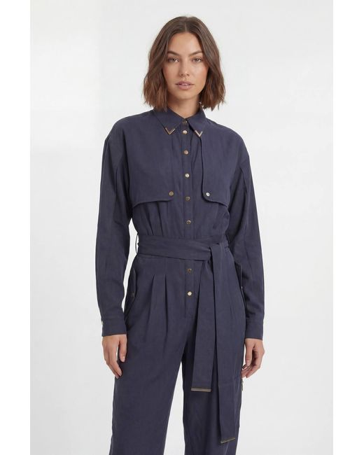 Karen Millen Blue Cupro Utility Twill Woven Jumpsuit