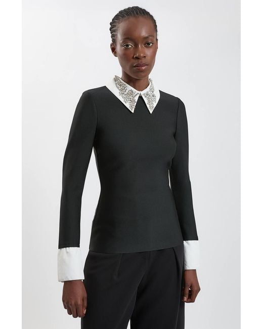 Karen Millen Black Figure Form Bandage Embellished Collar Knit Top