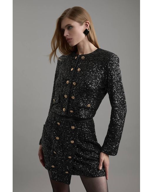 Karen Millen Black Sequin Tailored Wrap Over Mini Skirt