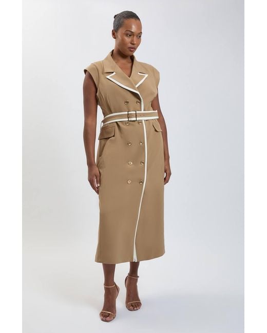 Karen Millen Natural Plus Size Double Breasted Belted Tipped Tailored Midi Dress