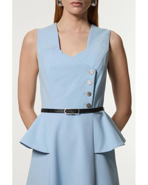 Karen Millen Blue Petite Compact Stretch Belted Peplum Detail Full Skirted Midi Dress