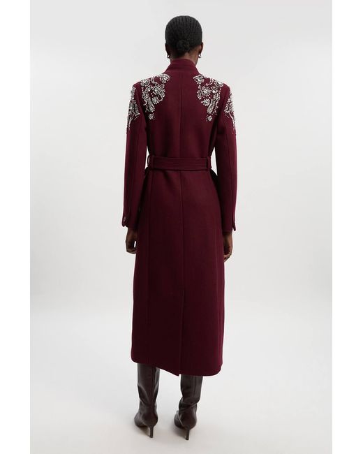 Karen Millen Red Wool Crystal Embellished Notch Neck Belted Maxi Coat