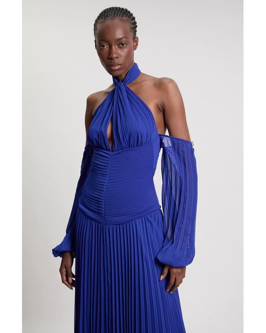 Karen Millen Blue Crinkle Cold Shoulder Georgette Woven Maxi Dress