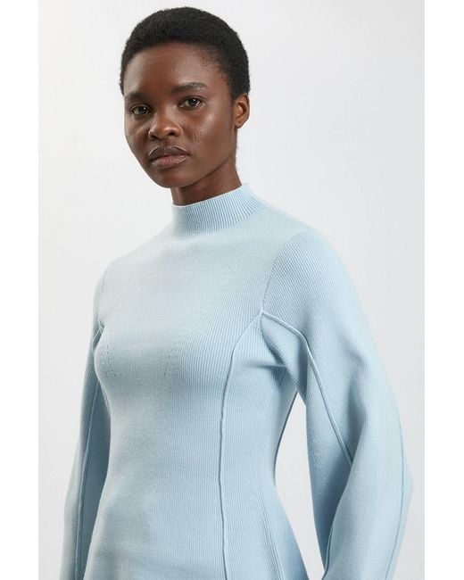 Karen Millen Blue Knit Wool Look Rounded Sleeve High Neck Jumper