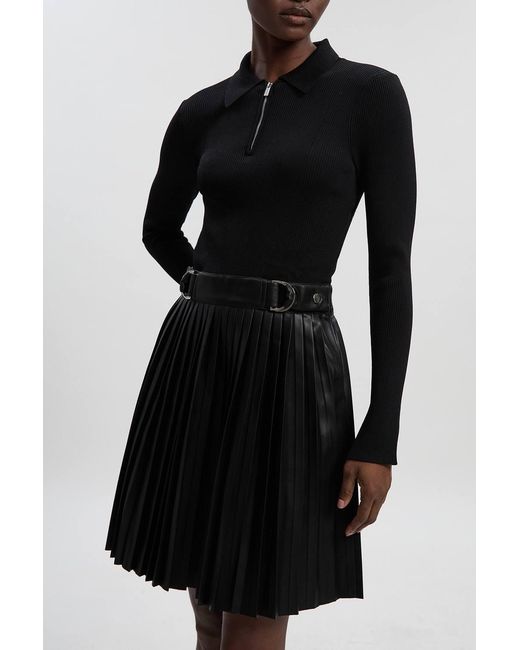 Karen Millen Black Knitted Zip Neck Pu Mix Pleated Mini Dress