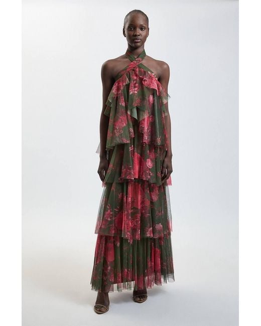 Karen Millen Green Floral Print Layered Tulle Halterneck Maxi Dress
