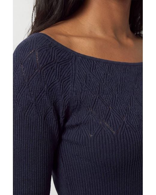Karen Millen Blue Pointelle Knit Panelled Bardot Midi Dress