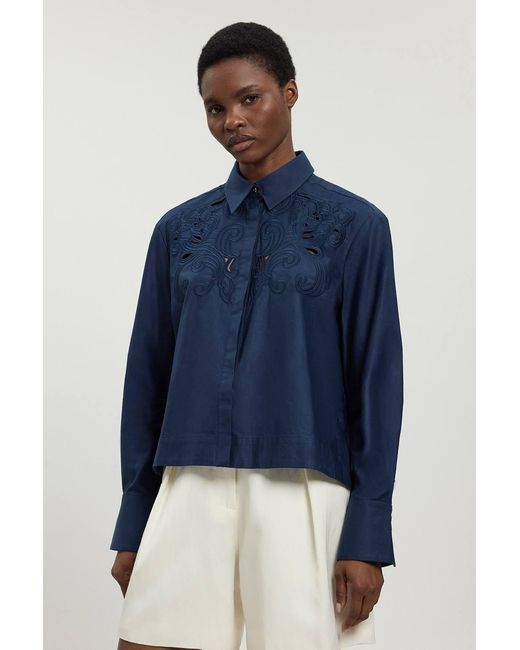 Karen Millen Blue Cotton Poplin Cutwork Shirt