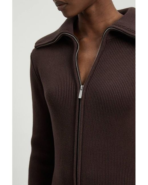 Karen Millen Brown Cotton Zip Through Collar Knitted Midi Dress