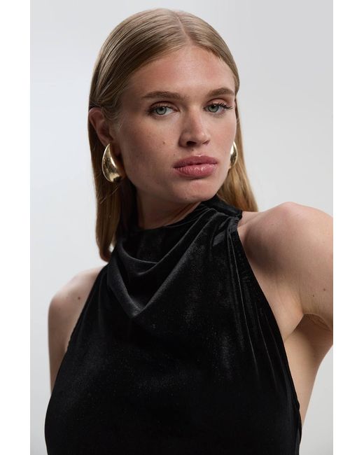 Karen Millen Black Stretch Velvet High Neck Cape Shoulder Bodysuit