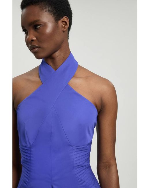 Karen Millen Blue Petite Tailored Cotton Sateen Halter Jumpsuit