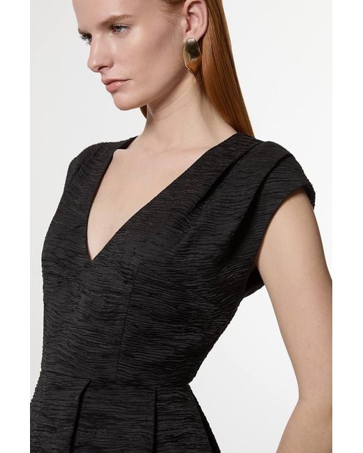 Karen Millen Black Crinkle Satin Pleated Sleeveless Full Skirt Tailored Midi Dress