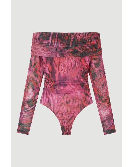 Karen Millen Red Animal Print Off The Shoulder Ruched Bodysuit