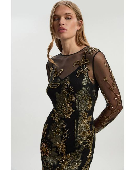 Karen Millen Black Floral Applique Embellished Metallic Georgette Woven Maxi Dress
