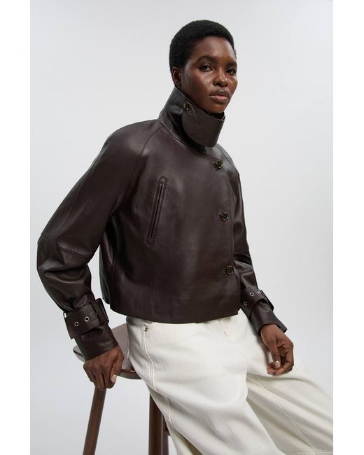 Karen Millen Blue Leather High Neck Crop Trench Coat